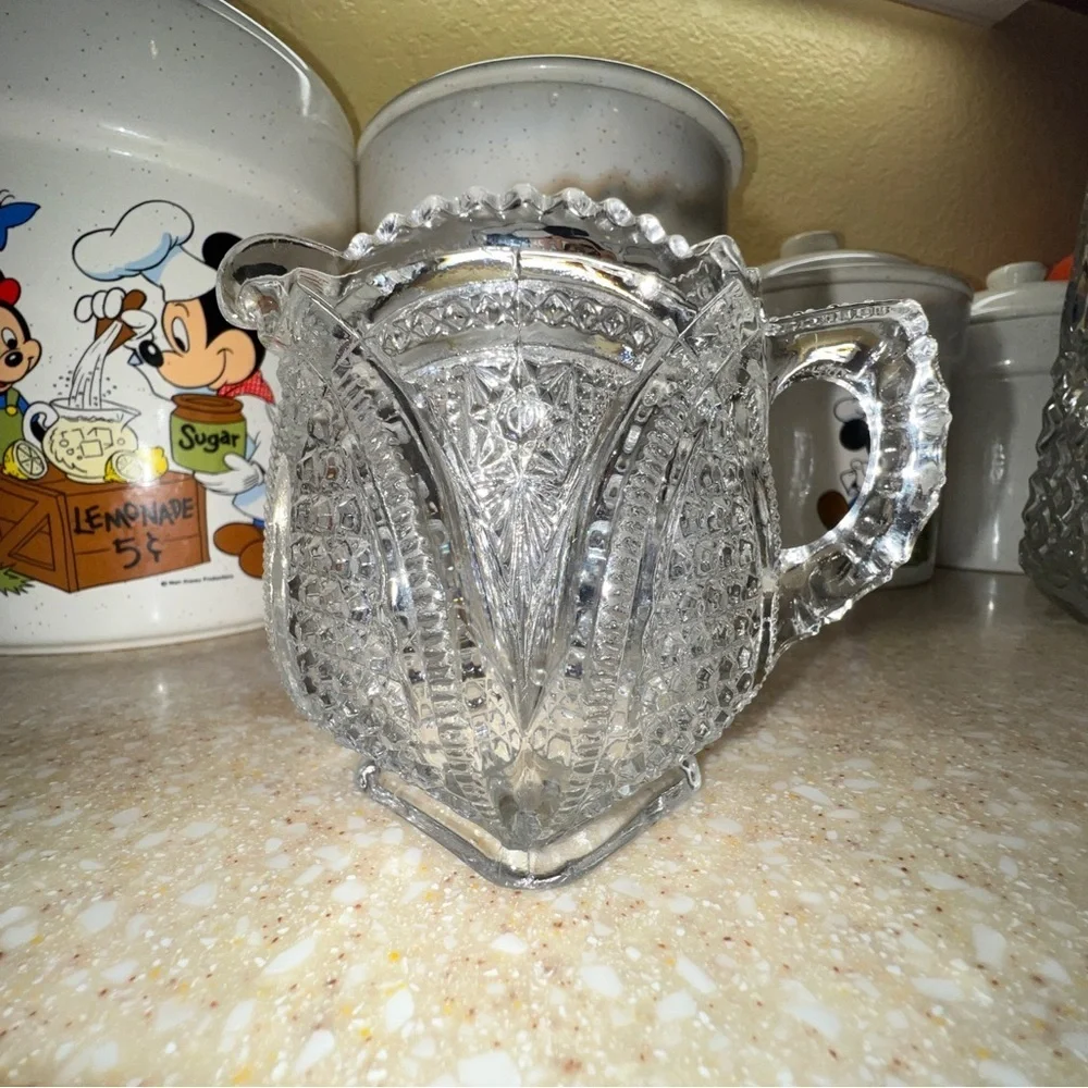 Vintage Clear Cut Glass Creamer and Toothpick Holder